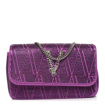 Satin Crystal Virtus Chain Clutch Purple