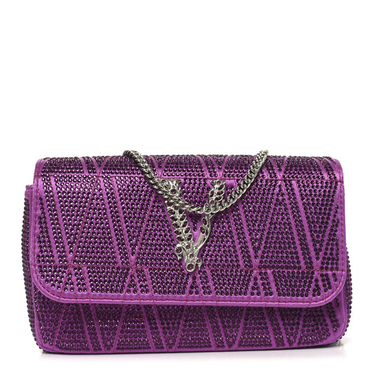 Satin Crystal Virtus Chain Clutch Purple