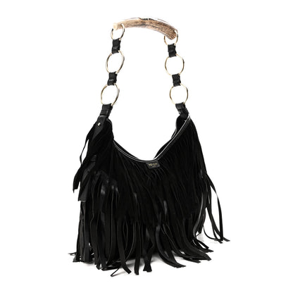 Suede Calfskin Fringe Buffalo Horn Mombasa Hobo Black