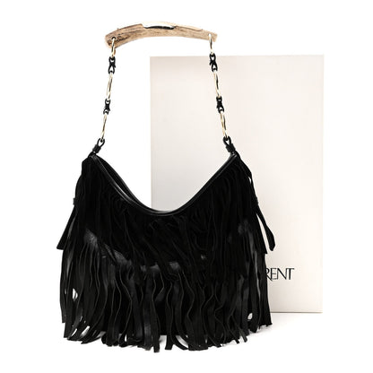 Suede Calfskin Fringe Buffalo Horn Mombasa Hobo Black
