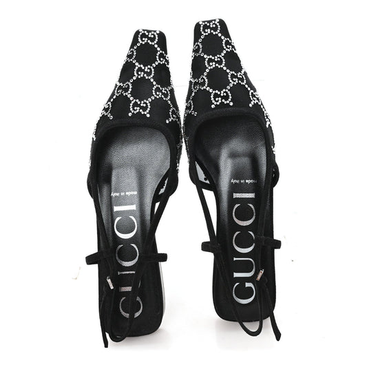 Tela Retino Kid Scamosciato Crystal GG Monogram Square G 35mm Slingback Pumps 38 Black