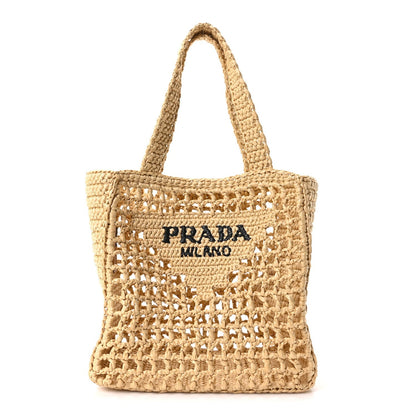 Yarn Raffia Effect Crochet Logo Embroidered Small Tote Bag Naturale