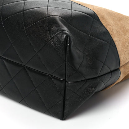 Suede Calfskin Shiny Lambskin Quilted Coco Base Shopping Bag Beige Black