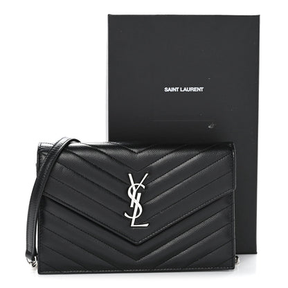 Grain De Poudre Matelasse Chevron Monogram Envelope Chain Wallet Black