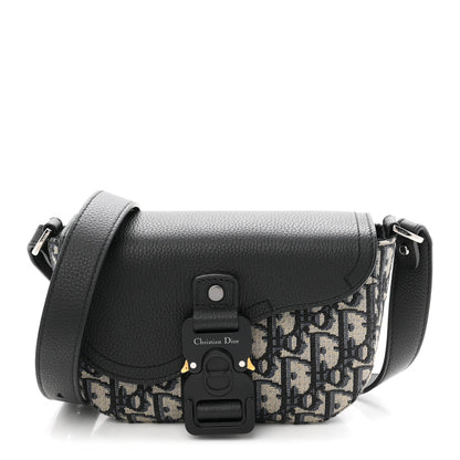 Grained Calfskin Oblique Mini Saddle Messenger Bag With Flap Beige Black