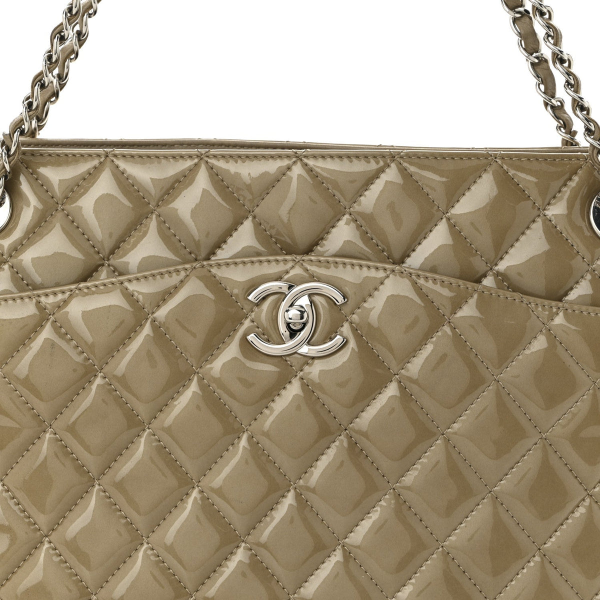 Patent Quilted Accordion Shopping Tote Beige