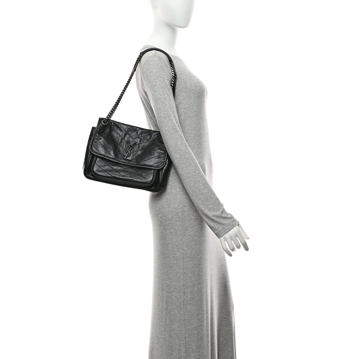 Crinkled Calfskin Matelasse Monogram Medium Niki Chain Satchel Black