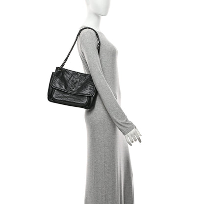 Crinkled Calfskin Matelasse Monogram Medium Niki Chain Satchel Black