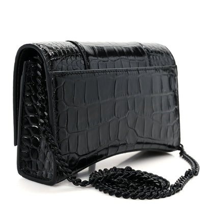 Shiny Calfskin Monochrome Crocodile Embossed Hourglass Chain Bag Black