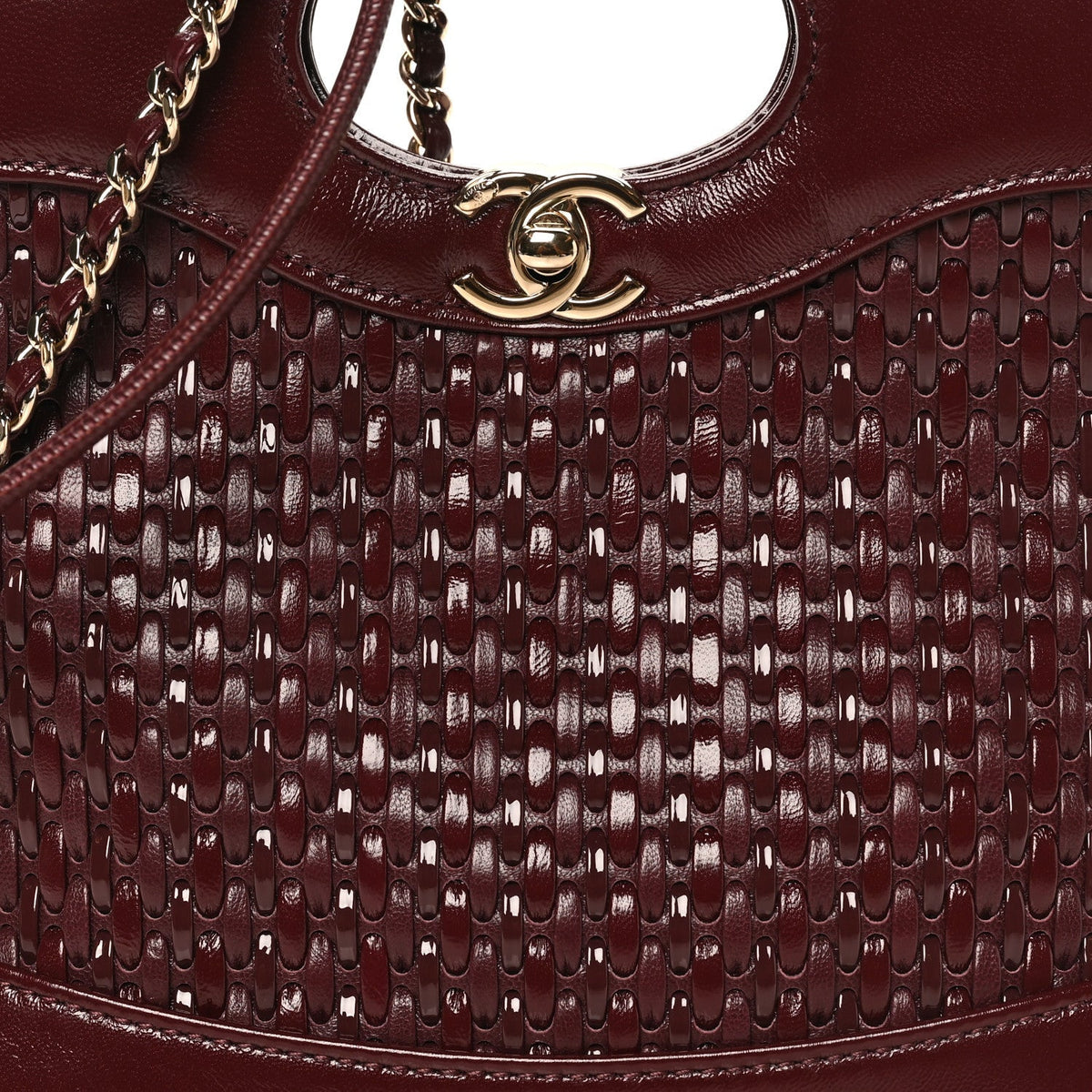 Shiny Lambskin Patent Calfskin Quilted Mini 31 Shopping Bag Dark Burgundy