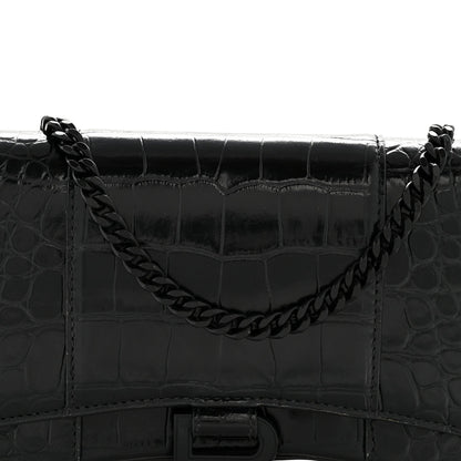 Shiny Calfskin Monochrome Crocodile Embossed Hourglass Chain Bag Black