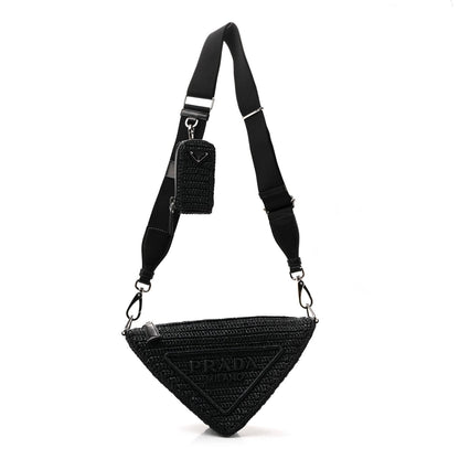 Yarn Raffia Effect Crochet Triangle Shoulder Bag Black