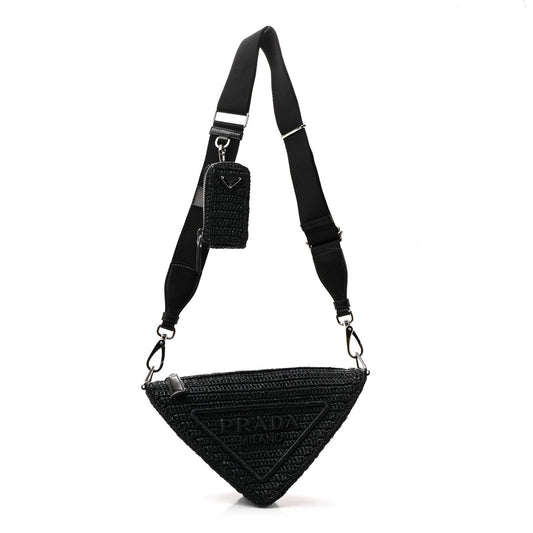 Yarn Raffia Effect Crochet Triangle Shoulder Bag Black