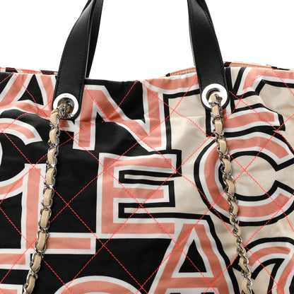Nylon Stitched Printed Logo Shopping Bag Black White
