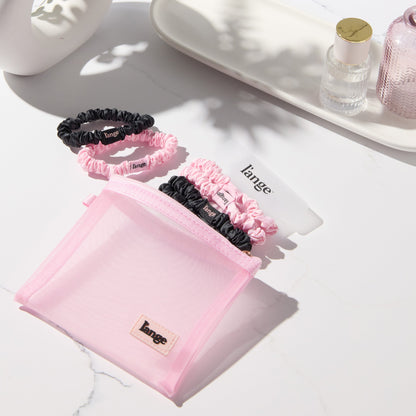 Small Satin Scrunchies 6 Piece Set - Black and Blush