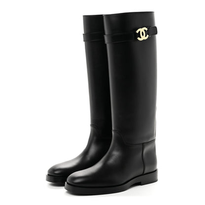 Calfskin CC Buckle High Boots 38 Black