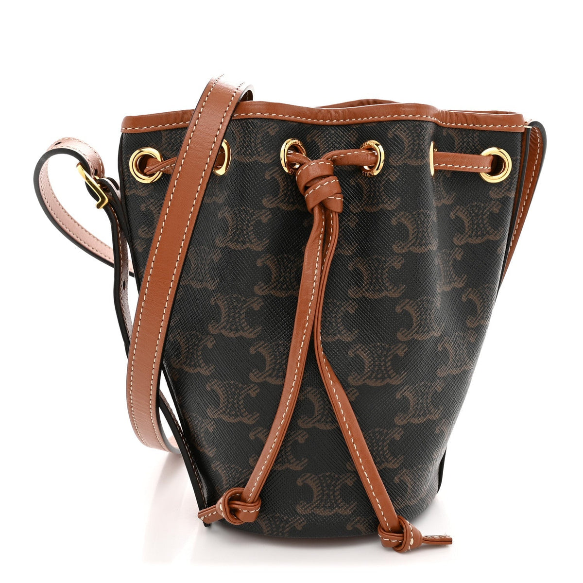 Triomphe Canvas Calfskin Micro Drawstring Bucket Bag Tan