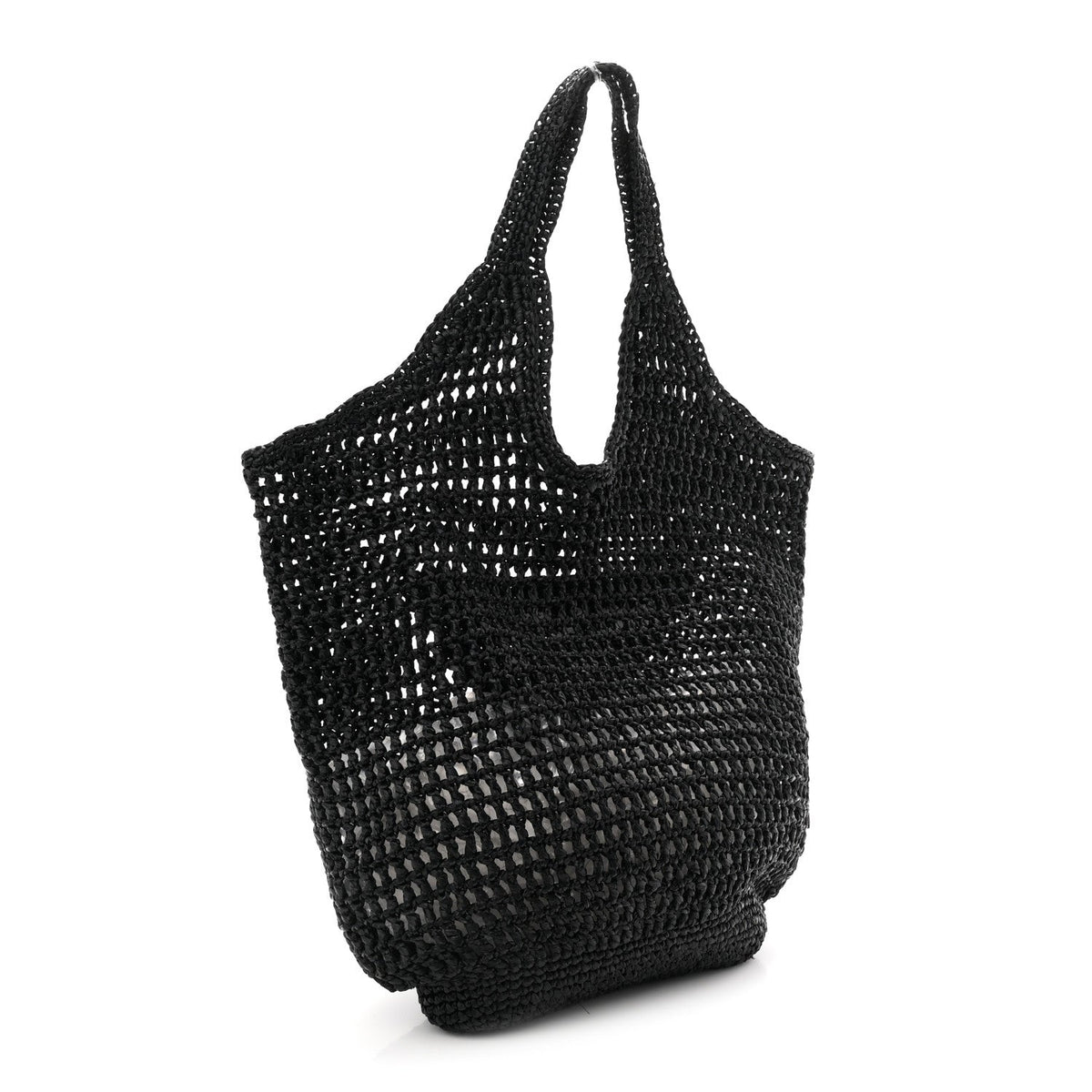Yarn Raffia Effect Crochet Logo Embroidered Shopping Tote Bag Black