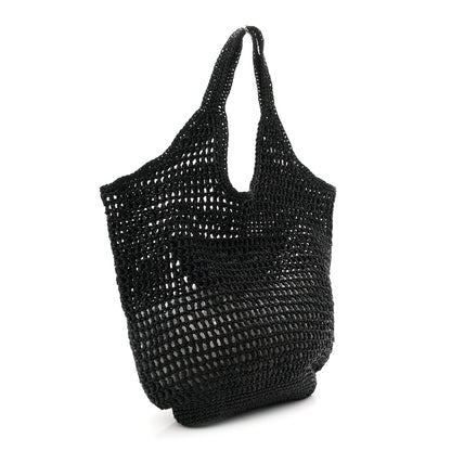 Yarn Raffia Effect Crochet Logo Embroidered Shopping Tote Bag Black
