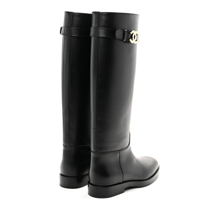 Calfskin CC Buckle High Boots 38 Black