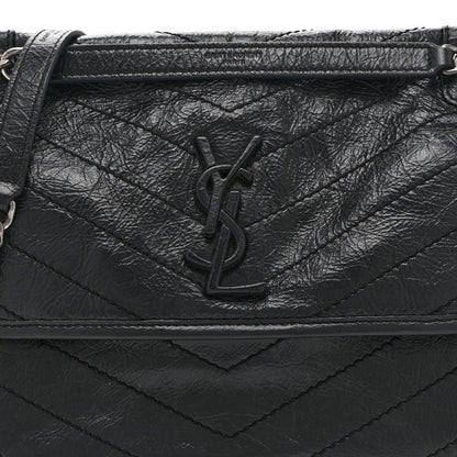 Crinkled Calfskin Matelasse Monogram Medium Niki Chain Satchel Black