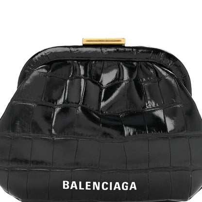 Shiny Supple Calfskin Logo Crocodile Embossed Cloud Coin Purse Black White