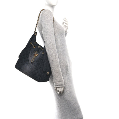 Washed Denim Quilted Medium Chanel 25 Handbag Black