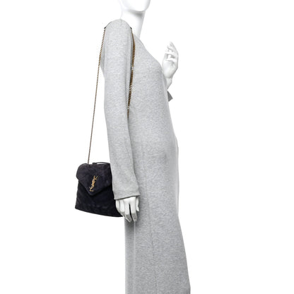 Suede Calfskin Y Quilted Monogram Small Loulou Chain Satchel Deep Marine
