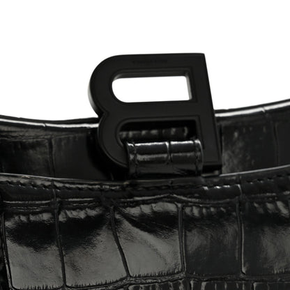 Shiny Calfskin Monochrome Crocodile Embossed Hourglass Chain Bag Black