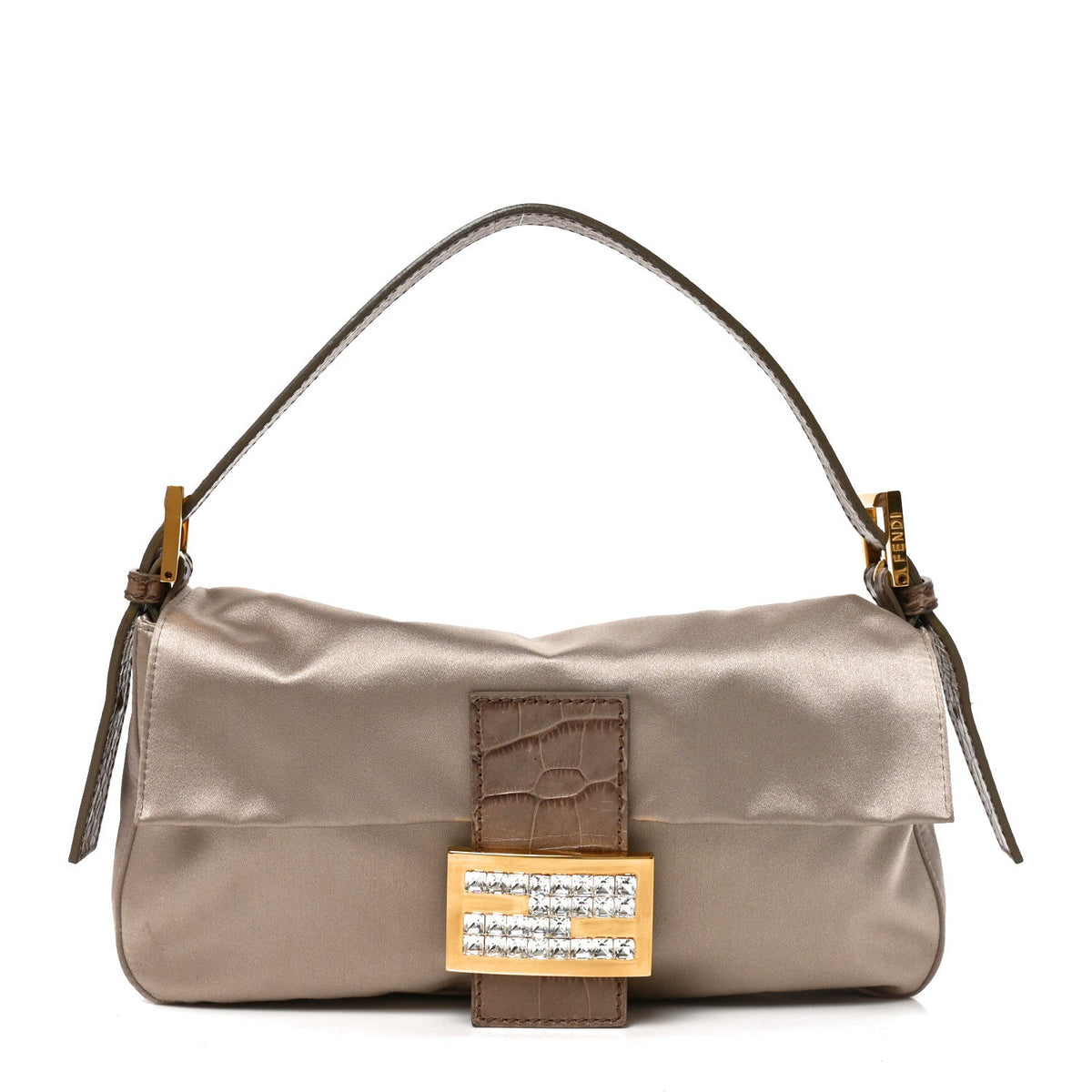 Satin Calfskin Crystal Crocodile Embossed Baguette Grey