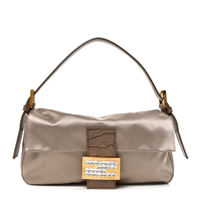 Satin Calfskin Crystal Crocodile Embossed Baguette Grey