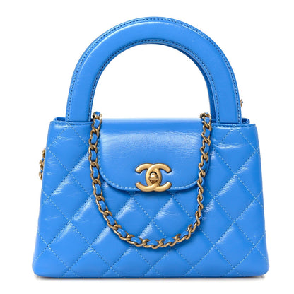 Shiny Aged Calfskin Quilted Nano Kelly Shopper Blue