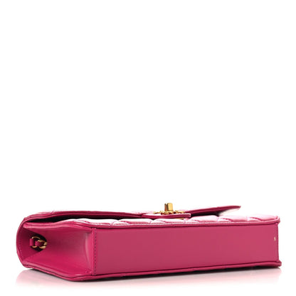 Shiny Lambskin Quilted Flap Clutch Bag Dark Pink