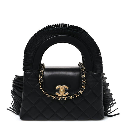 Lambskin Fringe Nano Kelly Shopper Black