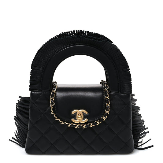 Lambskin Fringe Nano Kelly Shopper Black