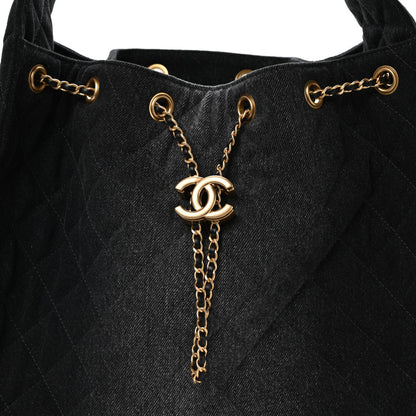 Washed Denim Quilted Medium Chanel 25 Handbag Black
