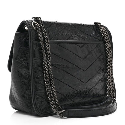 Crinkled Calfskin Matelasse Monogram Medium Niki Chain Satchel Black