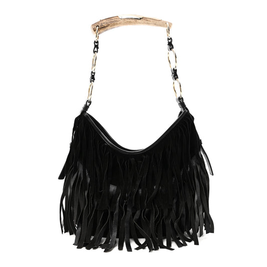 Suede Calfskin Fringe Buffalo Horn Mombasa Hobo Black