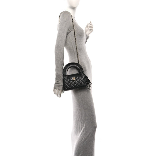 Lambskin Fringe Nano Kelly Shopper Black