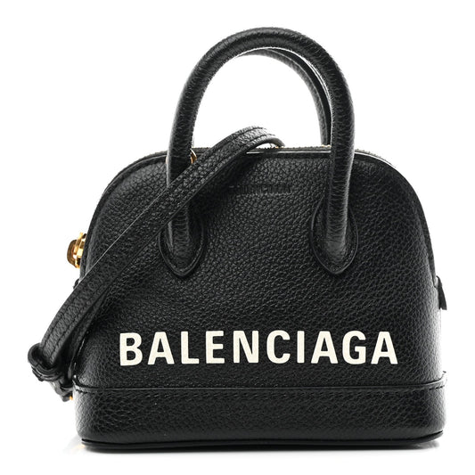 Grained Calfskin Logo Mini Ville Top Handle Bag Black White