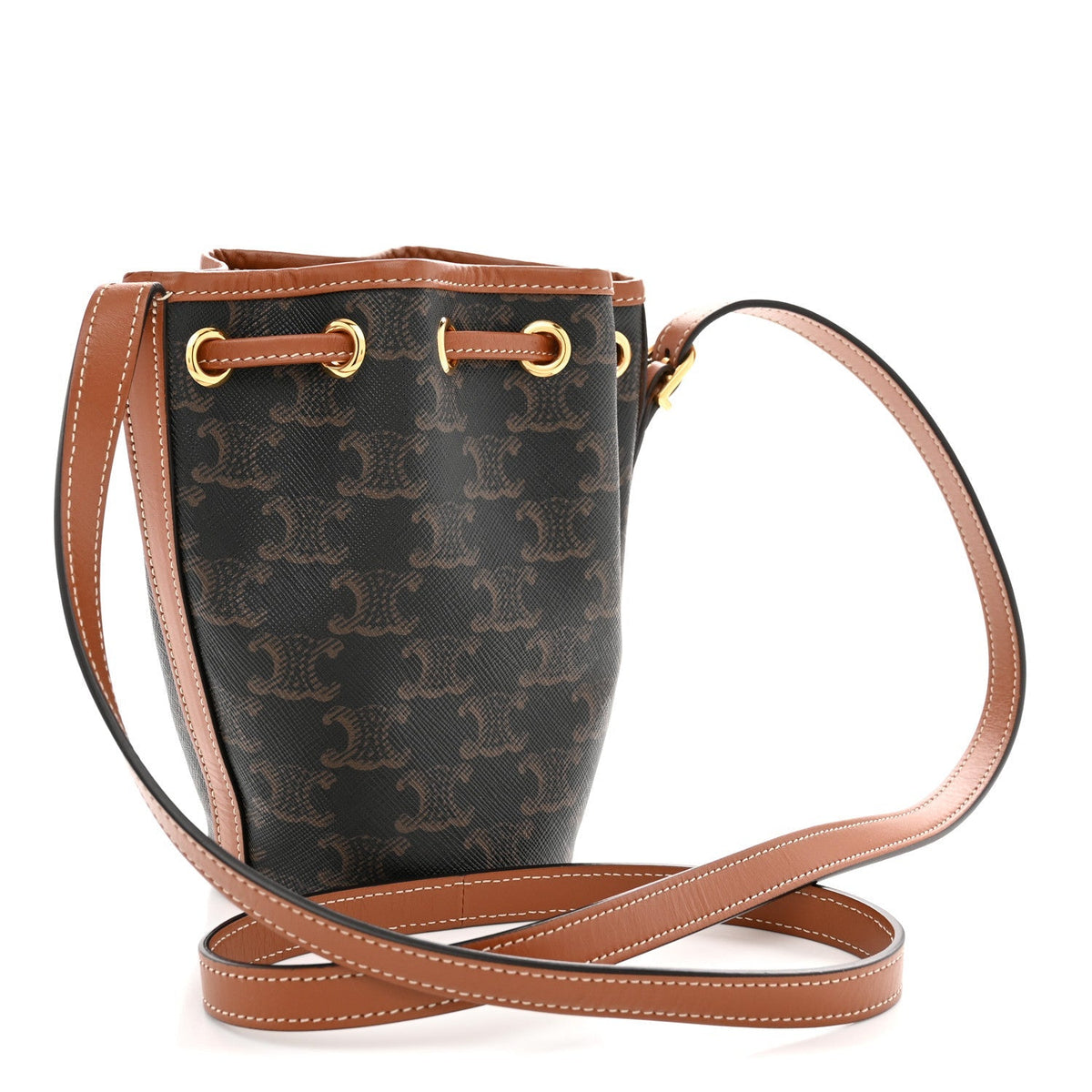 Triomphe Canvas Calfskin Micro Drawstring Bucket Bag Tan