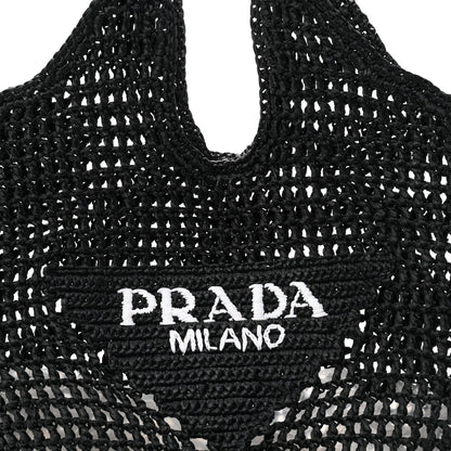 Yarn Raffia Effect Crochet Logo Embroidered Shopping Tote Bag Black