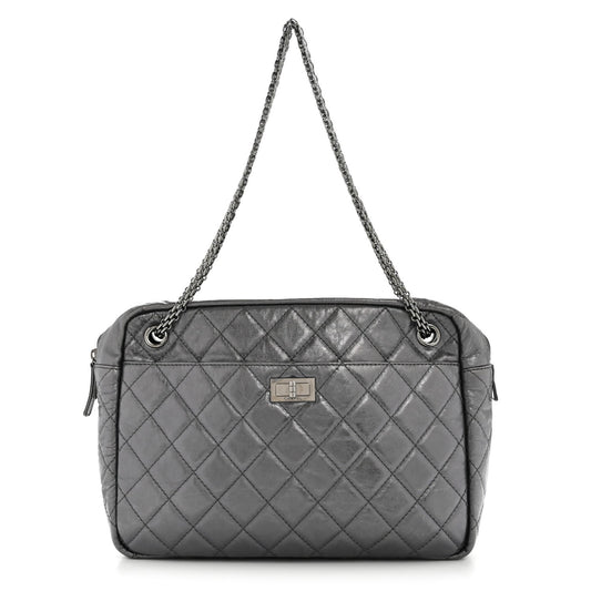 Metallic Aged Calfskin Quilted Large Reissue Camera Case Silver