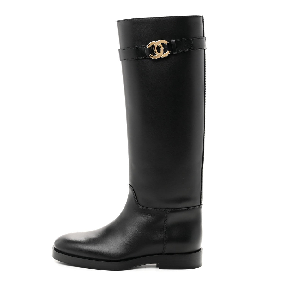 Calfskin CC Buckle High Boots 38 Black