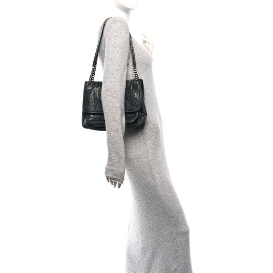 Crocodile Embossed Calfskin Monogram Medium Niki Chain Satchel Algea