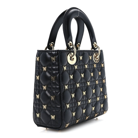 Lambskin Cannage Butterfly Studs Small Lady Dior Black