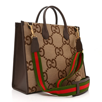 Monogram Jumbo GG Textured Dollar Calfskin Web Tote Bag Camel Ebony New Acero