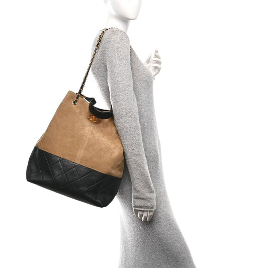 Suede Calfskin Shiny Lambskin Quilted Coco Base Shopping Bag Beige Black