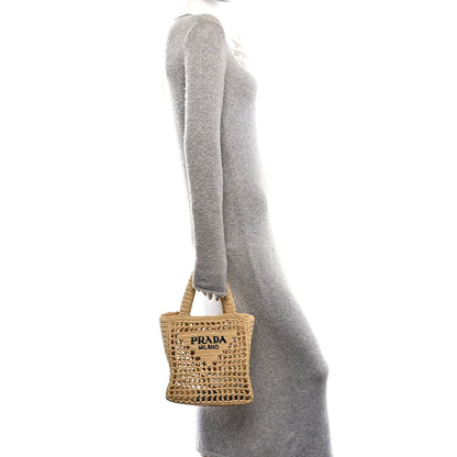 Yarn Raffia Effect Crochet Logo Embroidered Small Tote Bag Naturale