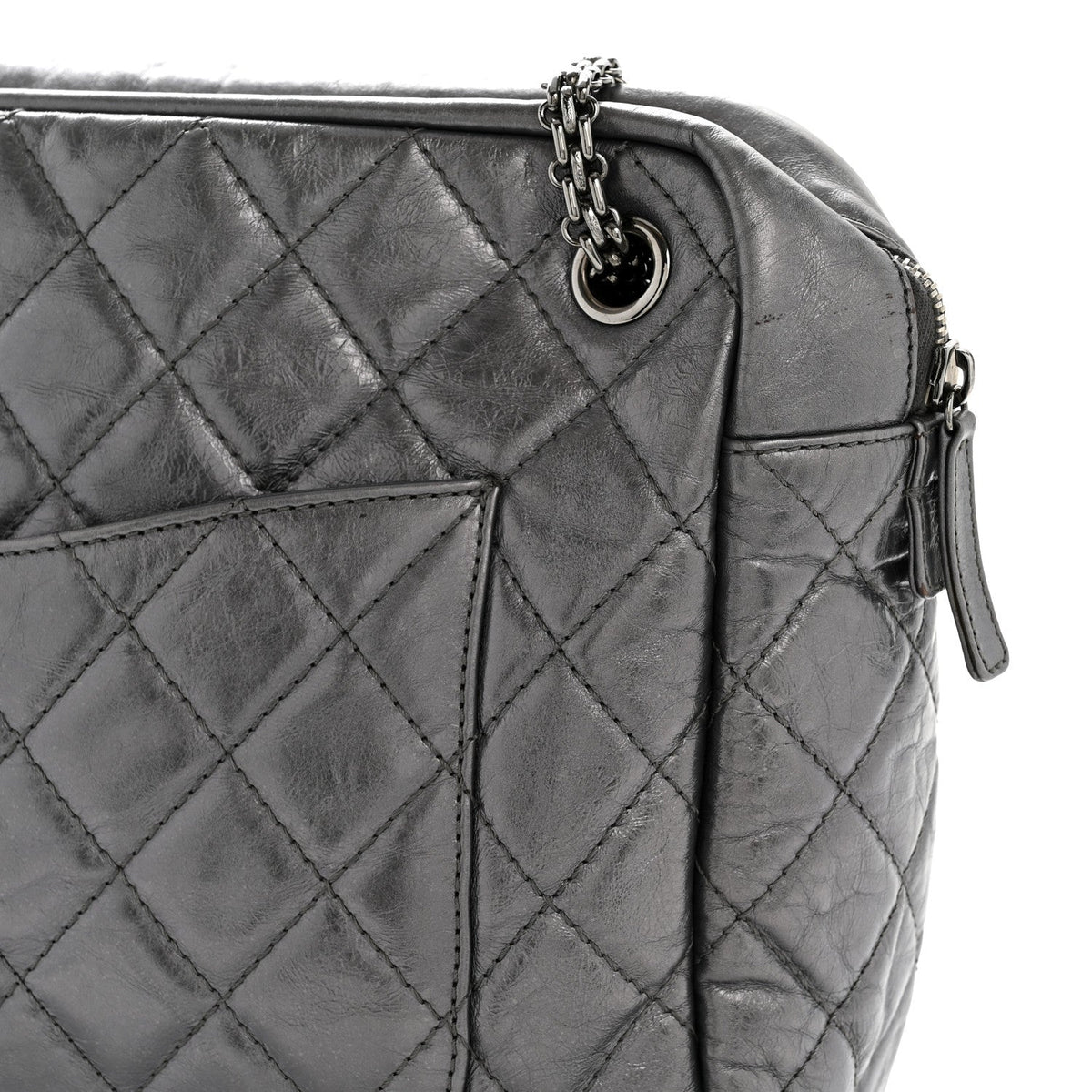 Metallic Aged Calfskin Quilted Large Reissue Camera Case Silver